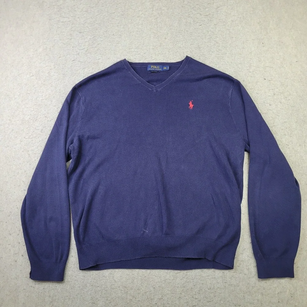 Polo Ralph Lauren V-Neck Sweater Mens 2XL Blue Pima Cotton Long Sleeve Pullover
